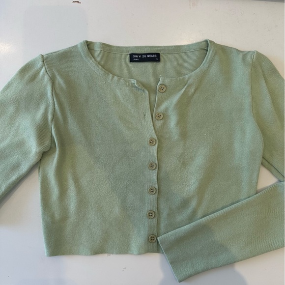 Green Cropped Knitwear Top Cardigan Style Cotton - Picture 2 of 2